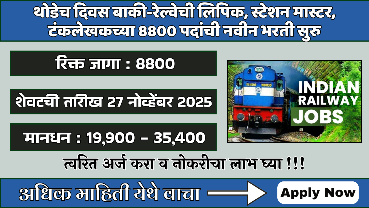 थोडेच दिवस बाकी-रेल्वेची लिपिक, स्टेशन मास्टर, टंकलेखकच्या 8800 पदांची नवीन भरती सुरु