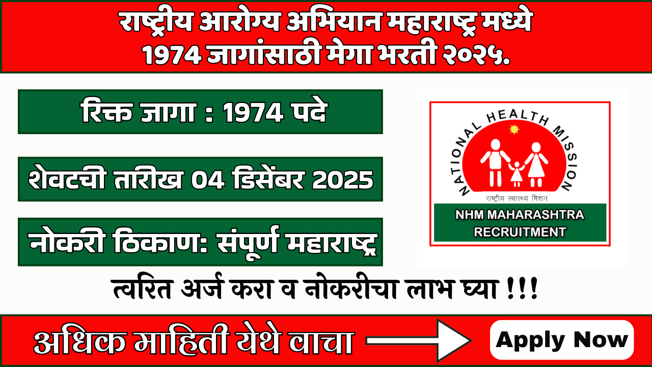 NHM Maharashtra CHO Bharti 2025: राष्ट्रीय आरोग्य अभियान महाराष्ट्र मध्ये “समुदाय आरोग्‍य अधिकारी” पदांचा 1974 जागांसाठी मेगा भरती २०२५.